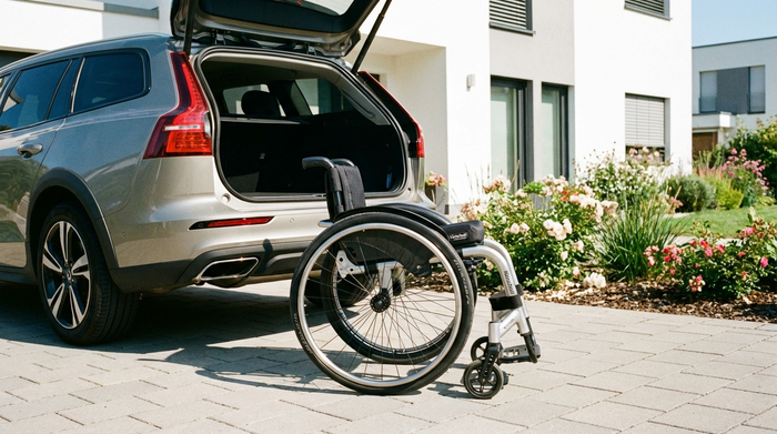 Ein moderner, zusammengeklappter Leichtgewichtrollstuhl aus Aluminium steht ordentlich neben dem geöffneten Kofferraum eines Autos in einer sauberen Vorstadteinfahrt. Sonniges Tageslicht, klare Details.