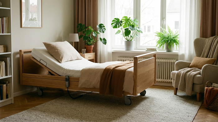 Ein hochwertiges, elektrisch verstellbares Pflegebett aus hellem Holz in einem gemütlich eingerichteten Schlafzimmer. Das Kopfteil ist leicht aufgerichtet. Ein warmes, wohnliches Ambiente mit Zimmerpflanzen und einem Fenster, durch das Tageslicht fällt.