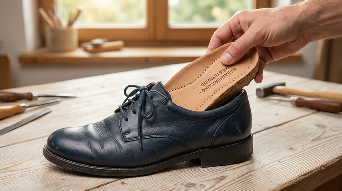 Nahaufnahme einer hochwertigen, maßgefertigten orthopädischen Einlage aus weichem Leder und Kork, die behutsam in einen bequemen, dunkelblauen Senioren-Schnürschuh gelegt wird. Heller Holztisch im Hintergrund, natürliche und warme Beleuchtung.