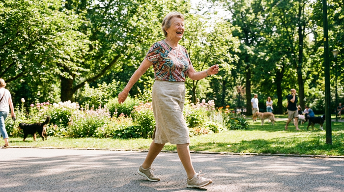 Eine aktive, glückliche Seniorin spaziert fröhlich durch einen sonnigen Park. Sie trägt unauffällige, hautfarbene medizinische Kompressionsstrümpfe zu einem knielangen Rock und bequemen Turnschuhen. Viel Grün, strahlender Sonnenschein, Fokus auf Vitalität im Alter.