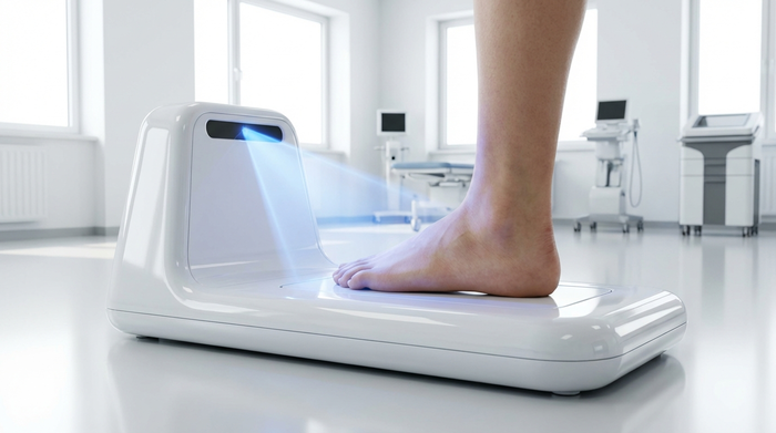 Ein hochmoderner, digitaler 3D-Fußscanner in einem sauberen, hellen Sanitätshaus. Ein weicher, blauer Lichtstrahl tastet den nackten Fuß eines Patienten ab. Realistische medizinische Umgebung, glänzende Oberflächen, komplett ohne Text oder Diagramme.