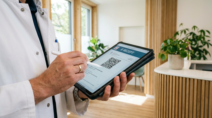 Eine Nahaufnahme der Hände eines Arztes im weißen Kittel, der in einer hellen, modernen Praxis ein digitales Tablet hält, um ein E-Rezept auszustellen.