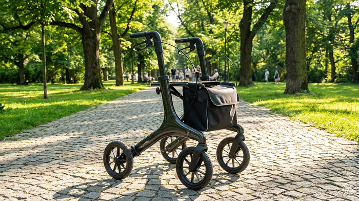 Ein moderner, leichter Carbon-Rollator steht auf einem sonnigen, gepflasterten Gehweg in einem grünen Park, bereit für einen sicheren und entspannten Spaziergang.