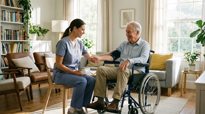 Eine professionelle Pflegekraft misst sanft den Blutdruck eines älteren Herrn im Rollstuhl in einem hellen, aufgeräumten Wohnzimmer. Beide wirken entspannt und zufrieden.