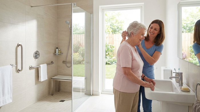 Eine ältere Frau wird von ihrer Tochter liebevoll bei der morgendlichen Routine im Badezimmer unterstützt. Ein heller, barrierefreier Raum mit modernen Haltegriffen an den Wänden.