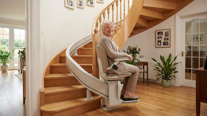 Ein moderner Treppenlift in einem gepflegten Einfamilienhaus. Eine ältere Dame fährt sicher und bequem die Holztreppe hinauf, während sie entspannt in die Kamera lächelt.