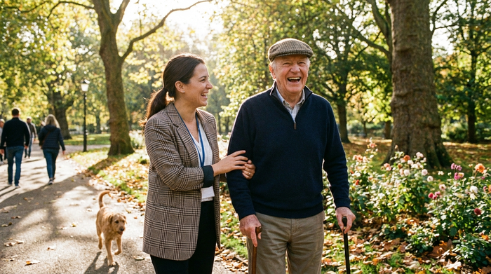 Eine engagierte Betreuungskraft und ein Senior spazieren gemeinsam lachend durch einen sonnigen Park. Die Betreuungskraft stützt den Senior sanft am Arm.