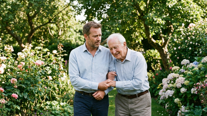 Ein besorgter, aber liebevoller erwachsener Sohn stützt sanft seinen älteren Vater beim gemeinsamen Spaziergang durch einen gepflegten Garten. Die Szene wirkt natürlich, ruhig und emotional unterstützend.