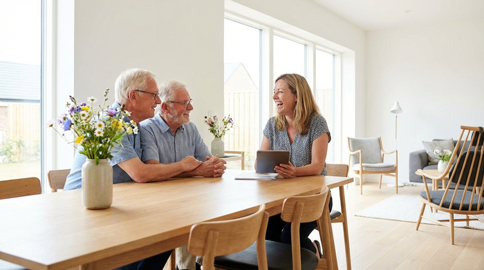 Ein älteres Ehepaar sitzt entspannt am Esstisch und unterhält sich lächelnd mit einer freundlichen Beraterin. Im Hintergrund ist ein helles, modernes Esszimmer mit frischen Blumen zu sehen.