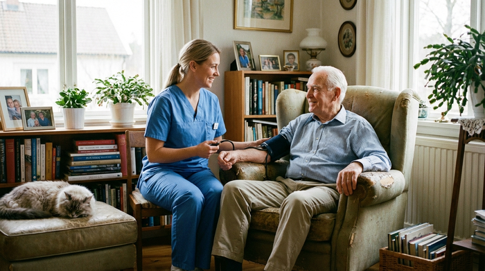 Eine freundliche Pflegefachkraft in blauer Berufsbekleidung misst den Blutdruck eines entspannten Senioren in seinem gemütlichen Sessel. Beide lächeln sich vertrauensvoll an.