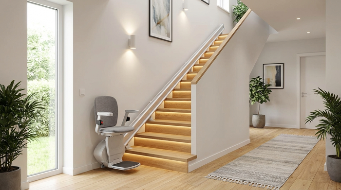 Ein moderner, unauffälliger Treppenlift in einem gepflegten, hellen Treppenhaus eines Einfamilienhauses. Hochwertige Holzstufen und warme Beleuchtung schaffen eine einladende Atmosphäre.