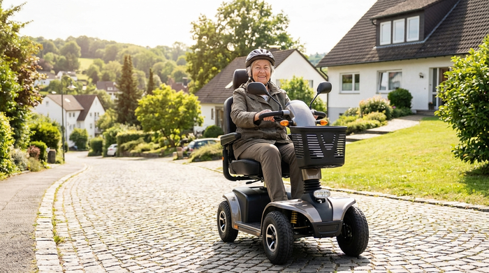 Eine rüstige Seniorin fährt mit einem modernen Elektromobil sicher über einen gepflasterten Weg in einer grünen, hügeligen Wohngegend. Im Hintergrund sind gepflegte Einfamilienhäuser und Bäume an einem sonnigen Tag zu sehen.
