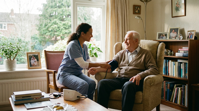 Eine einfühlsame Pflegefachkraft misst behutsam den Blutdruck eines älteren Herrn im Sessel seines Wohnzimmers. Beide lächeln sich freundlich an, helles Tageslicht fällt durch das große Fenster.
