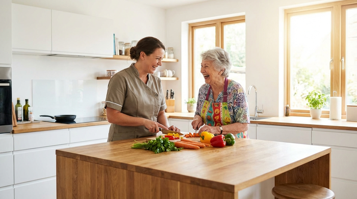 Eine engagierte Betreuungskraft und eine ältere Dame kochen gemeinsam in einer modernen, hellen Küche. Sie schneiden frisches Gemüse, lachen und genießen sichtlich die gemeinsame Zeit.