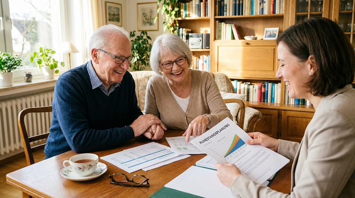 Ein älteres Ehepaar sitzt mit einer freundlichen Beraterin am Wohnzimmertisch und schaut gemeinsam auf übersichtliche Dokumente. Die Stimmung ist positiv und erleichtert.