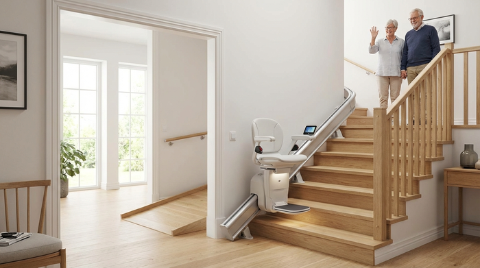 Ein moderner, bequemer Treppenlift gleitet sanft eine helle Holztreppe in einem gepflegten Einfamilienhaus hinauf. Die Umgebung ist barrierefrei, aufgeräumt und sicher gestaltet.