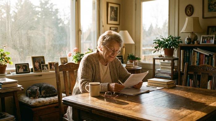 Eine ältere Dame betrachtet beruhigt einige Dokumente am heimischen Esstisch. Warmes Sonnenlicht fällt durch das Fenster. Neben ihr steht eine Tasse Kaffee. Gemütliche, aufgeräumte Umgebung.