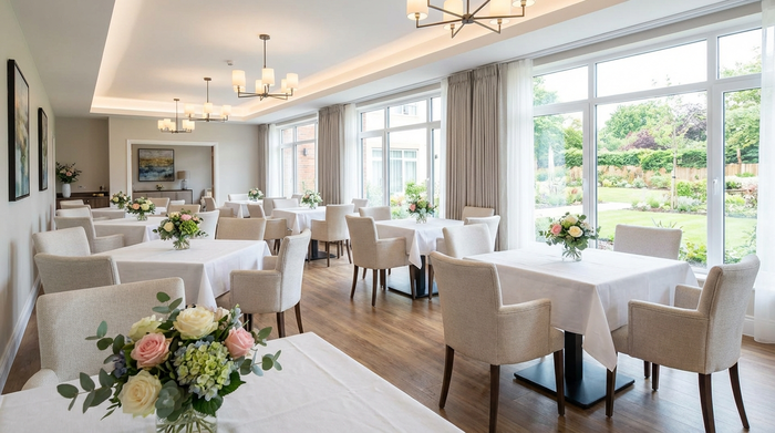 Ein eleganter, modern eingerichteter Speisesaal in einer Seniorenresidenz. Gepolsterte Stühle, weiße Tischdecken und frische Blumen auf den Tischen. Helle, einladende und saubere Atmosphäre ohne Personen.
