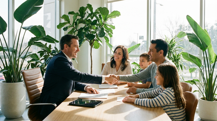 Ein lächelnder Berater im Anzug sitzt einer Familie gegenüber und reicht ihnen unterstützend die Hand. Helles, professionelles Büro mit Pflanzen. Vertrauensvolles und positives Beratungsgespräch.