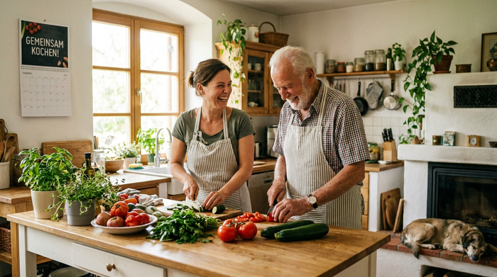 Eine engagierte Betreuungskraft kocht gemeinsam mit einem fröhlichen Senior in einer gemütlichen, hellen Küche. Frisches Gemüse liegt auf der Arbeitsfläche. Herzliche und lebendige Stimmung.