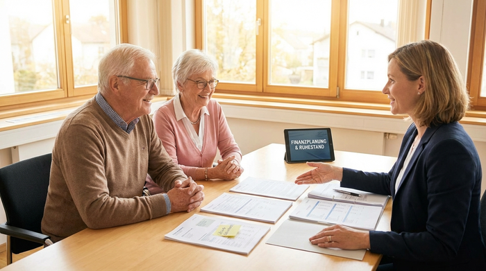Ein älteres Ehepaar sitzt gemeinsam mit einer Beraterin an einem hellen Holztisch. Vor ihnen liegen ordentlich aufgereihte Dokumente. Die Atmosphäre ist konzentriert, aber erleichtert und unterstützend.