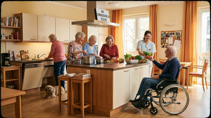 Eine fröhliche Gruppe von Senioren kocht gemeinsam in einer großen, offenen und barrierefreien Küche einer Demenz-Wohngemeinschaft. Eine Betreuungskraft reicht lächelnd frisches Gemüse an. Warme, familiäre Wohnatmosphäre.