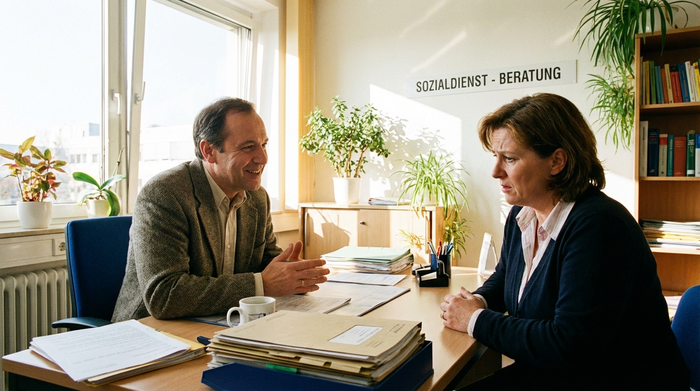 Ein freundlicher Sozialarbeiter im Gespräch mit einem besorgten Angehörigen in einem hellen Büro eines Krankenhauses, Dokumente liegen auf dem Schreibtisch.