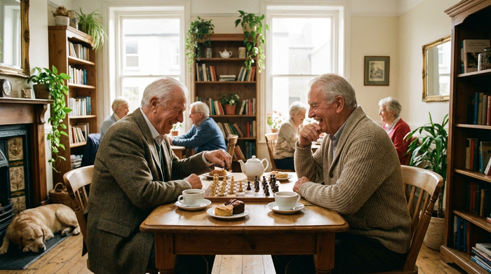 Eine friedliche Szene in einem gemütlichen Seniorencafé, zwei ältere Herren spielen Schach, entspannte und fröhliche Atmosphäre mit Kaffeetassen auf dem Tisch.