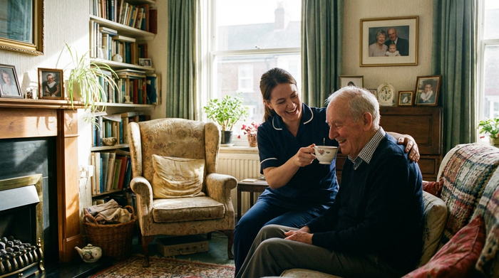 Eine fürsorgliche Betreuungskraft hilft einem lächelnden Senior beim Teetrinken in seinem eigenen, gemütlich eingerichteten Wohnzimmer mit Bücherregalen im Hintergrund.