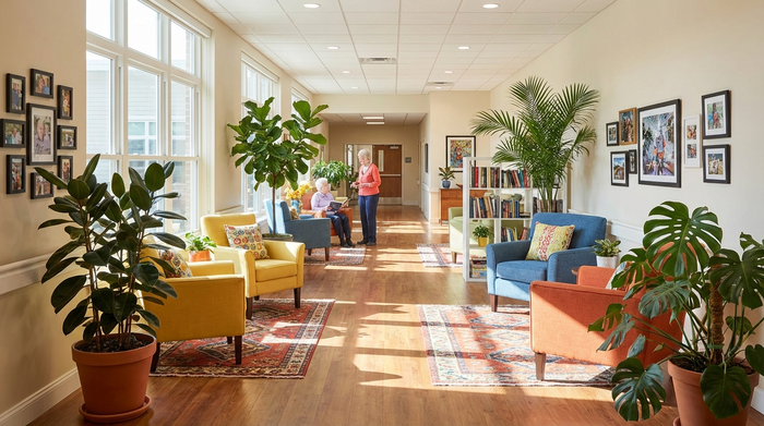 Ein gepflegter, heller Flur in einer modernen Senioreneinrichtung, liebevoll dekoriert mit großen Zimmerpflanzen und gemütlichen, farbenfrohen Sitzgelegenheiten.