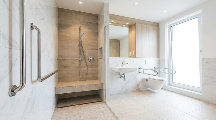 Ein modernes, barrierefreies Badezimmer mit einer bodengleichen Dusche und einem sicheren Haltegriff. Alles ist sauber, hell erleuchtet und stilvoll eingerichtet. Keine Personen im Bild, der Fokus liegt auf der sicheren und komfortablen Ausstattung.