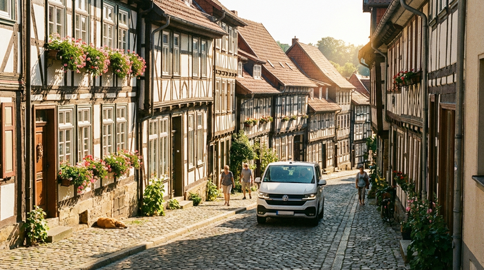Eine malerische, leicht steile Altstadtstraße mit historischen Fachwerkhäusern an einem sonnigen Tag. Ein moderner, weißer Kleinbus fährt langsam die Straße hinauf. Keine Schriftzeichen, fotorealistisch, idyllische Atmosphäre.