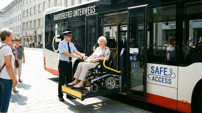 Ein Fahrer bedient die Hebebühne eines modernen Transportbusses. Eine ältere Dame im Rollstuhl lächelt entspannt, während sie sicher in das Fahrzeug gehoben wird. Helles Tageslicht, Fokus auf Barrierefreiheit und Sicherheit, fotorealistisch.