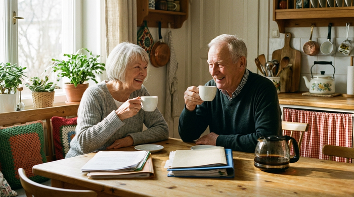 Ein älteres Ehepaar sitzt entspannt am Küchentisch bei einer Tasse Kaffee und lächelt erleichtert. Auf dem Tisch liegen ordentlich sortierte Dokumente. Helle, gemütliche Raumatmosphäre, fotorealistisch, keine lesbaren Texte auf den Papieren.