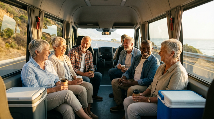 Eine fröhliche Gruppe von Senioren sitzt bequem in einem modernen Kleinbus und unterhält sich angeregt. Warme Morgensonne scheint durch die Fenster. Fokus auf Gemeinschaft und Freude, fotorealistisch.