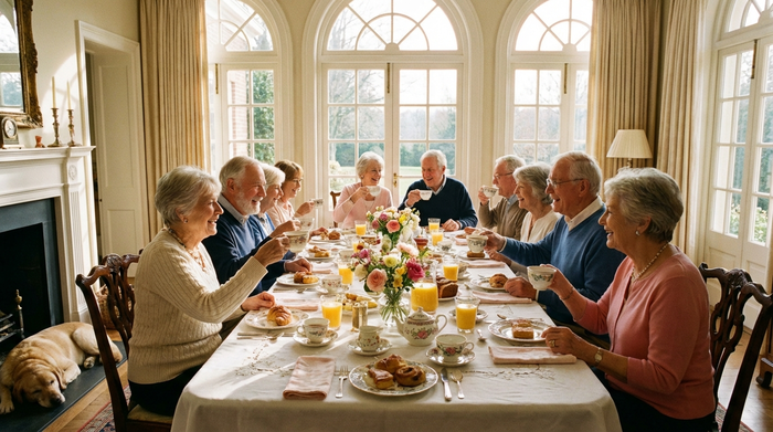 Senioren sitzen fröhlich an einem großen, schön gedeckten Esstisch beim gemeinsamen Frühstück, helles Tageslicht fällt durch große Fenster, entspannte und harmonische Atmosphäre.