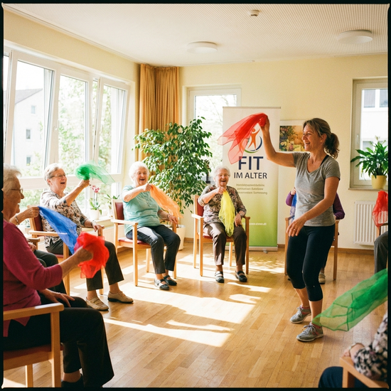 Eine Gruppe älterer Menschen macht leichte Sitzgymnastik mit bunten Tüchern in einem lichtdurchfluteten Raum, angeleitet von einer motivierten Betreuerin.