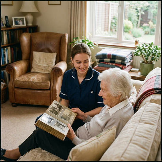Eine ältere Dame betrachtet lächelnd ein altes Fotoalbum zusammen mit einer jungen Pflegekraft, im Hintergrund eine gemütliche Sitzecke.