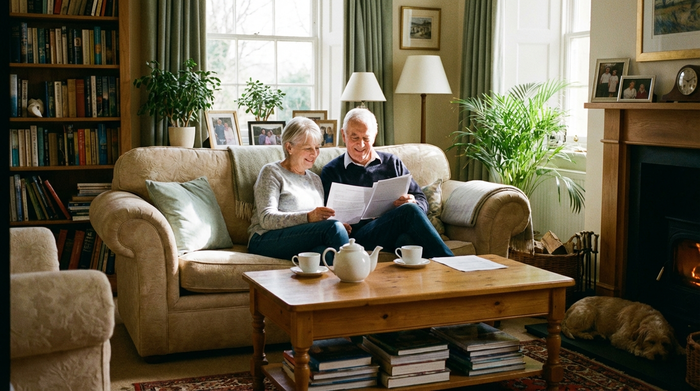 Ein älteres Ehepaar sitzt entspannt auf einem bequemen Sofa und bespricht lächelnd Dokumente, eine Tasse Tee steht auf dem Couchtisch, friedliche Stimmung im heimischen Wohnzimmer.