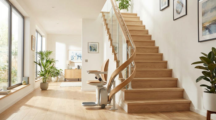 Ein moderner, sicherer Treppenlift in einem gepflegten Einfamilienhaus, sanftes Holzdesign der Stufen, helles und einladendes Treppenhaus.