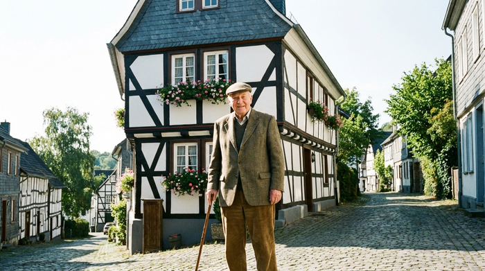 Ein älterer Herr mit Gehstock steht entspannt vor einem sauberen, historischen Fachwerkhaus in einer hügeligen Straße. Die Sonne scheint, die Umgebung ist gepflegt und ruhig.