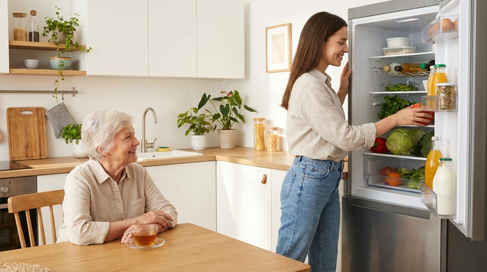 Eine junge, hilfsbereite Frau in sauberer Alltagskleidung räumt frische Lebensmittel in den Kühlschrank einer modernen, hellen Küche, während eine Seniorin zufrieden am Tisch sitzt und zuschaut.