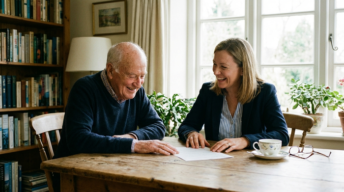 Zwei Personen, ein Senior und eine sympathische Beraterin, sitzen an einem Holztisch und schauen gemeinsam auf ein Dokument. Entspannte, vertrauensvolle Stimmung, helles Tageslicht fällt durch das Fenster.