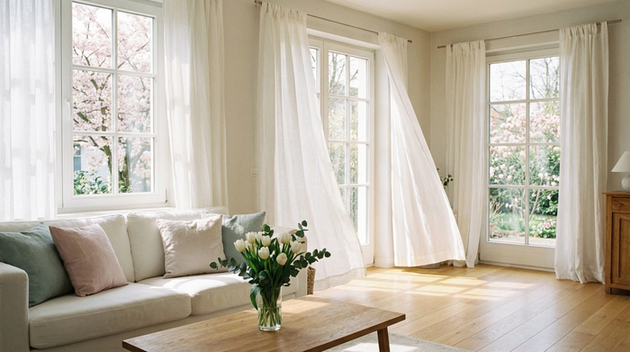 Eine strahlend saubere, sonnendurchflutete Wohnung mit frisch geputzten, großen Fenstern und weißen, wehenden Gardinen. Ein Gefühl von Frische und makelloser Sauberkeit im Frühling.