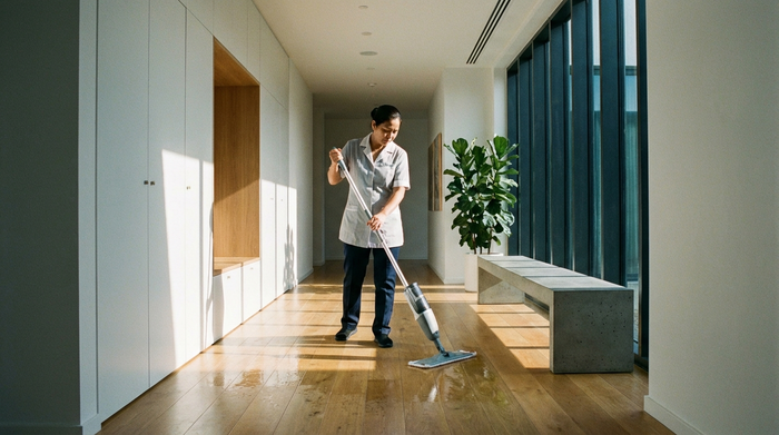 Eine ordentliche, fokussierte Reinigungskraft wischt den Holzboden in einem aufgeräumten, modernen Flur. Helles Sonnenlicht fällt durch das Fenster, saubere und hygienische Umgebung, realistischer Fotostil.