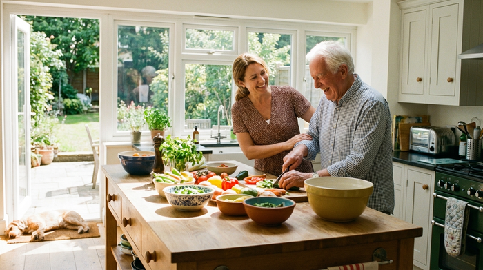 Eine empathische Alltagsbegleiterin und ein älterer Herr bereiten gemeinsam in einer hellen Küche frisches Gemüse für das Mittagessen vor. Beide lachen, entspannte und fröhliche Stimmung, tageslichtdurchfluteter Raum.