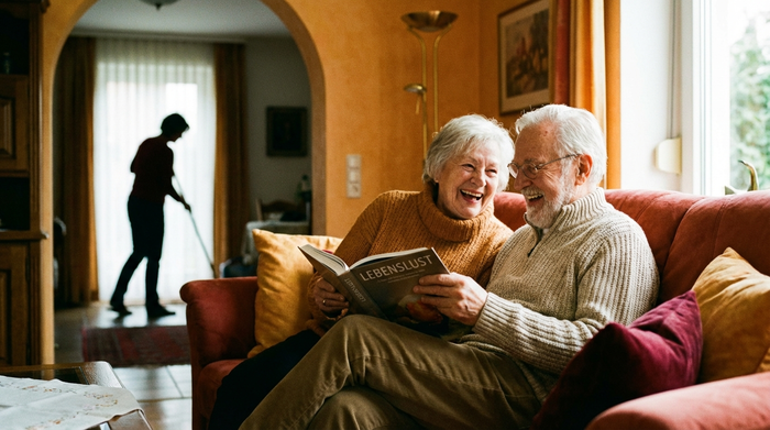 Ein älteres Ehepaar sitzt entspannt auf dem Sofa und liest ein Buch, während im Hintergrund eine unscharfe Silhouette einer helfenden Hand im Haushalt zu erahnen ist. Fokus auf unbeschwertes Altern, warme Farben.
