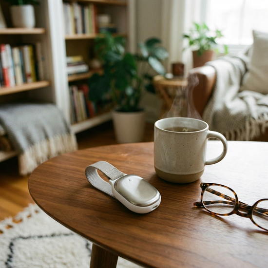 Ein moderner, unauffälliger Hausnotruf-Sender liegt auf einem eleganten Holztisch neben einer Tasse Tee und einer Lesebrille. Helle, beruhigende und sichere Wohnatmosphäre, nahaufnahme.