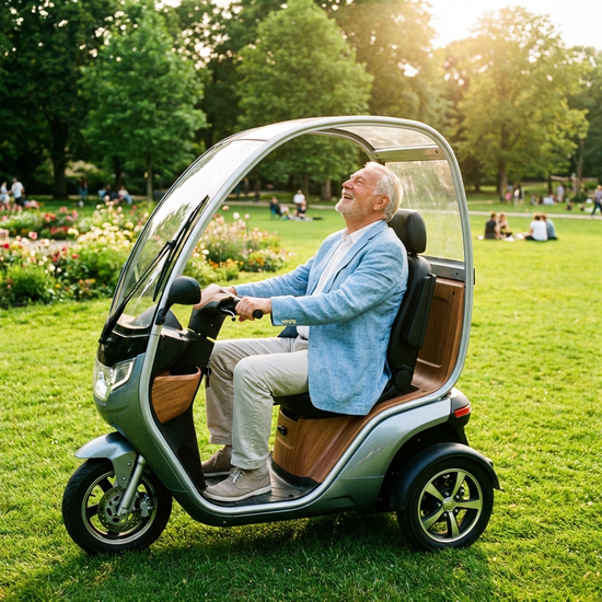 Ein älterer Herr fährt mit einem modernen Elektromobil durch einen sonnigen, grünen Park. Er trägt eine leichte Jacke und genießt sichtlich die frische Luft und die Natur.