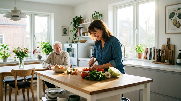 Eine fürsorgliche Betreuungskraft bereitet in einer sauberen, hellen Küche frisches Gemüse zu, während ein älterer Herr im Hintergrund am Esstisch sitzt und zufrieden zuschaut. Realistische, alltägliche Szene ohne Text.